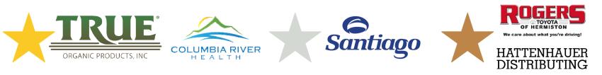 Sponsor Logos - Gold, True Organic Products and Columbia River Health, Silver, Santiago Columbia Village, Bronze, Roger's Toyota and Hattenhauer Distributing