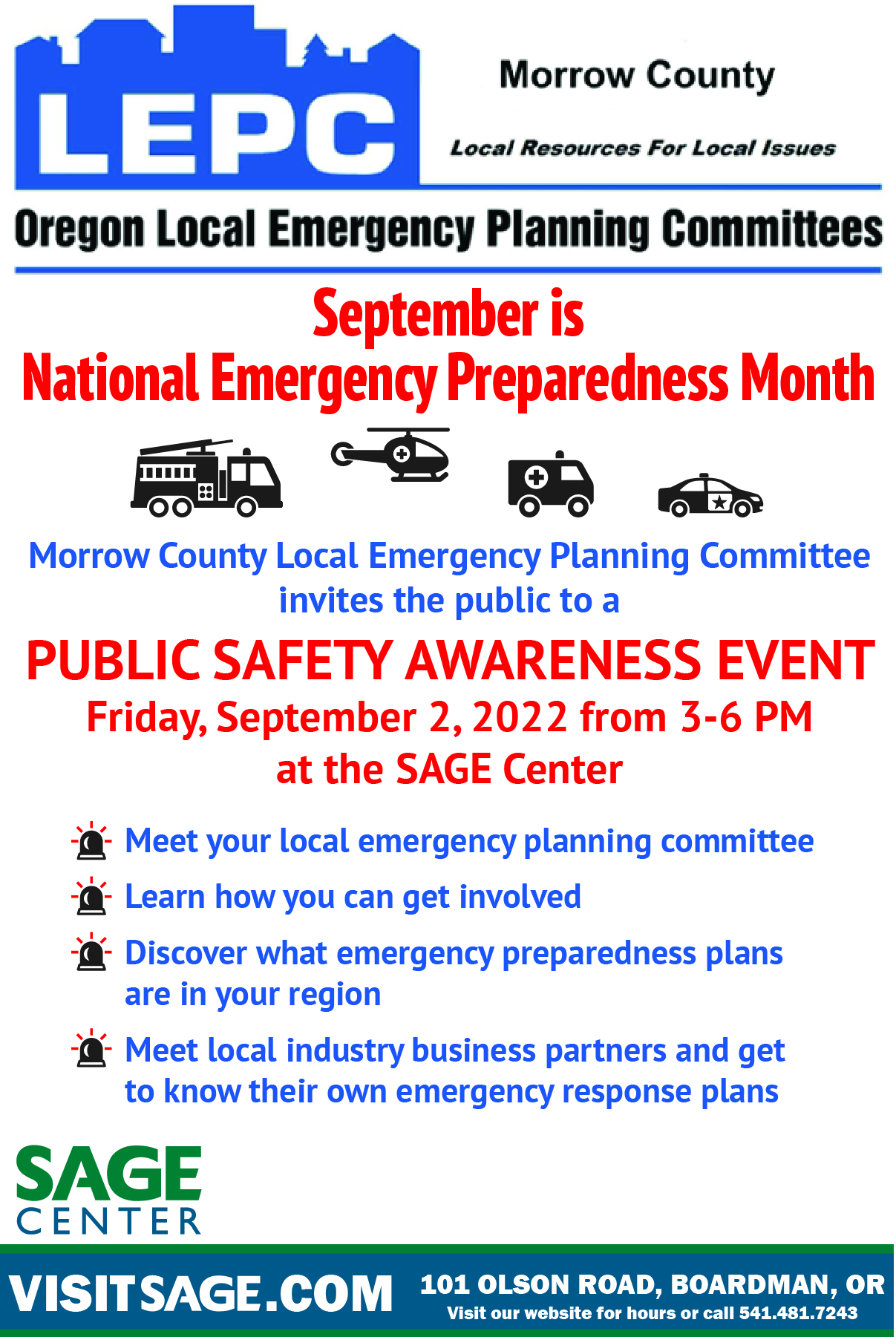 Public Safety Awareness Event, September 2, 2022 from 3-6 PM at the SAGE Center