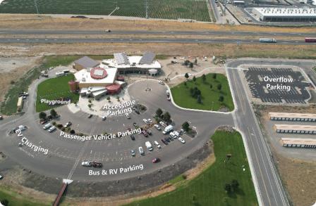 Drone photo with text showing parking areas at the SAGE Center.