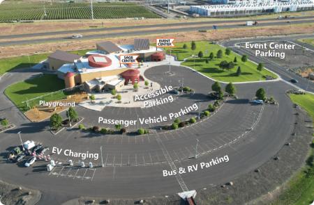 Drone photo showing parking areas at the SAGE Center and Event Center