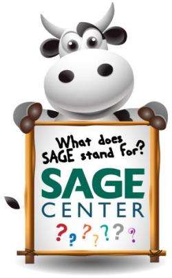 A black and white cow holds a sign asking What does SAGE Stand for? 
