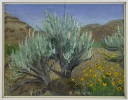 This pastel painting of Blanketflower and safebrush is called "Under the Rimrock" and was painted in Maupin, Oregon by Frances Stilwell.